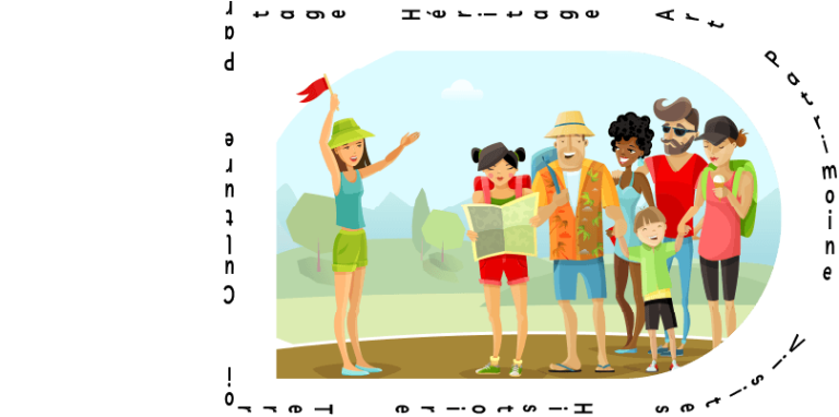 Groupe de touristes suivant leur guide